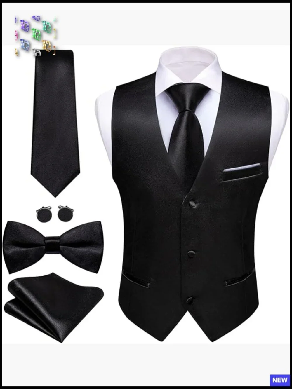 Slim Fit Formal Vest Set with Tie Bow Tie Pocket Square Cufflinks